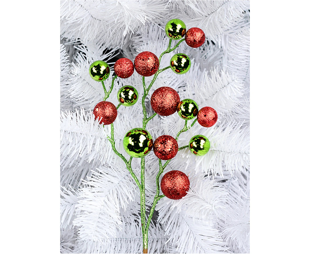 Shiny Lime & Red Glitter Bauble Cluster Christmas Spray Long Stem - 19cm Wide