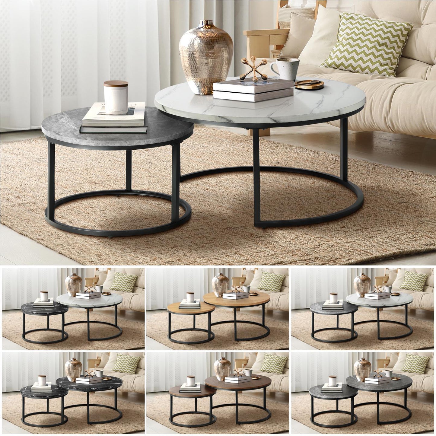 Oikiture Set of 2 Coffee Table Round Marble Nesting Side End Table Furniture