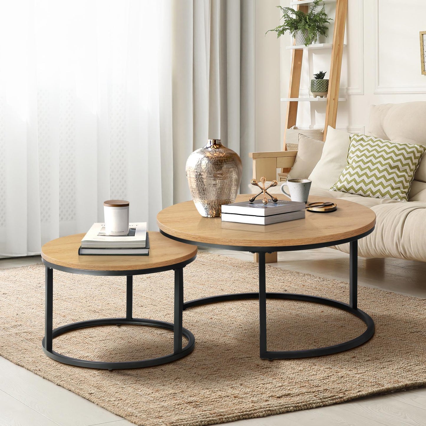 Oikiture Set of 2 Coffee Table Round Marble Nesting Side End Table Furniture