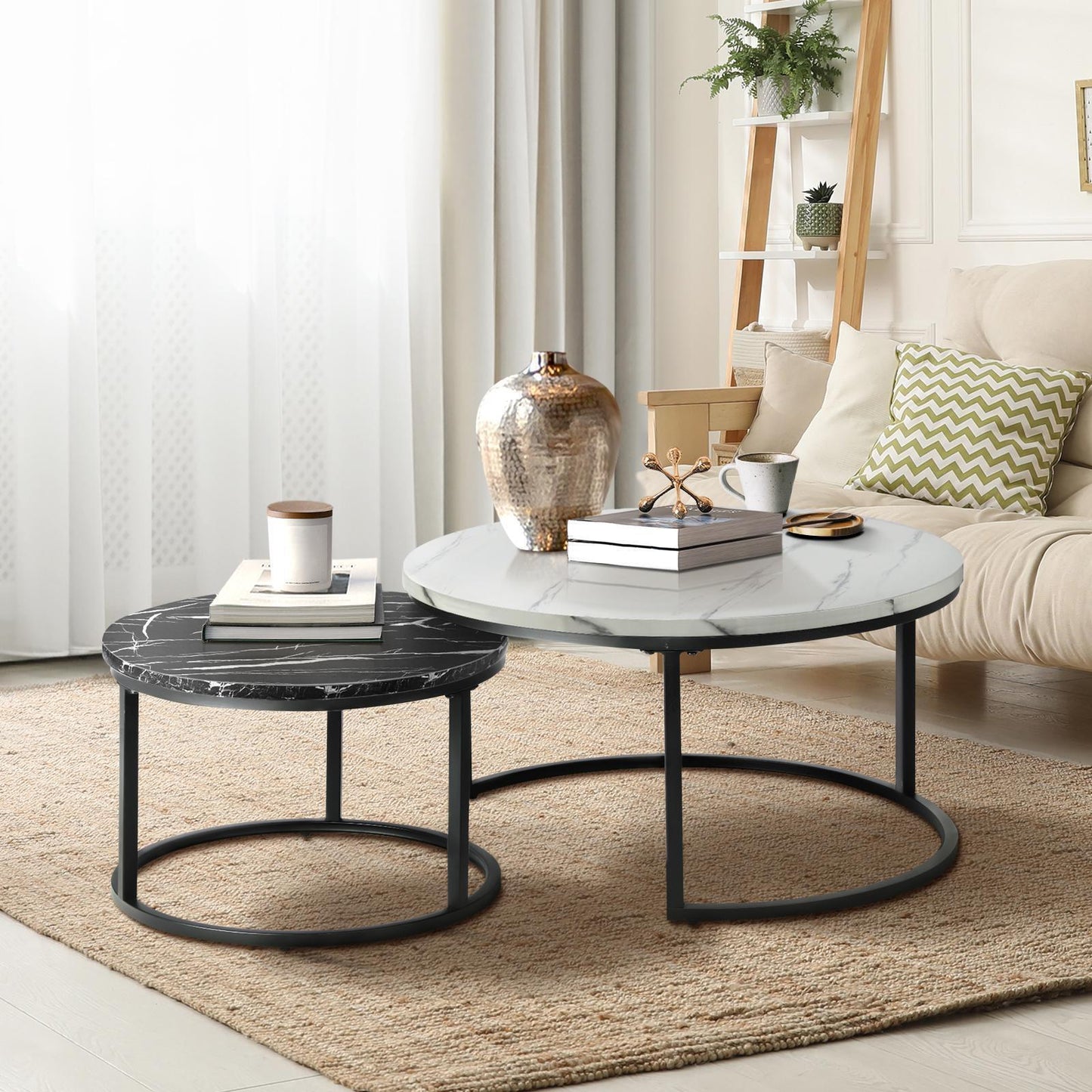 Oikiture Set of 2 Coffee Table Round Marble Nesting Side End Table Furniture