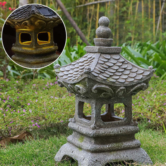 Garden Statue with Solar Lights Japanese Pagoda Lantern Zen Style